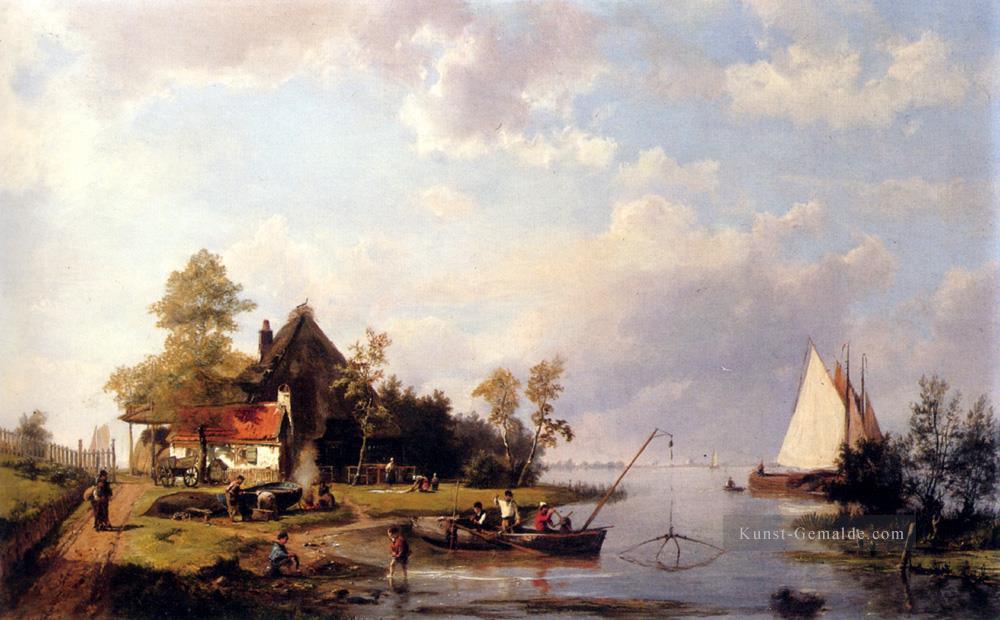 A Niet Landschaft mit einer Fähre und Figuren Mending A Boot Hermanus Snr Koekkoek Seestück Boot Ölgemälde